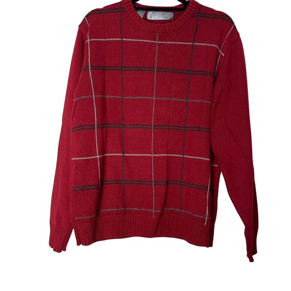Oscar De La Renta Mens Red Plaid Sweater Size Large long sleeve Knit grey black